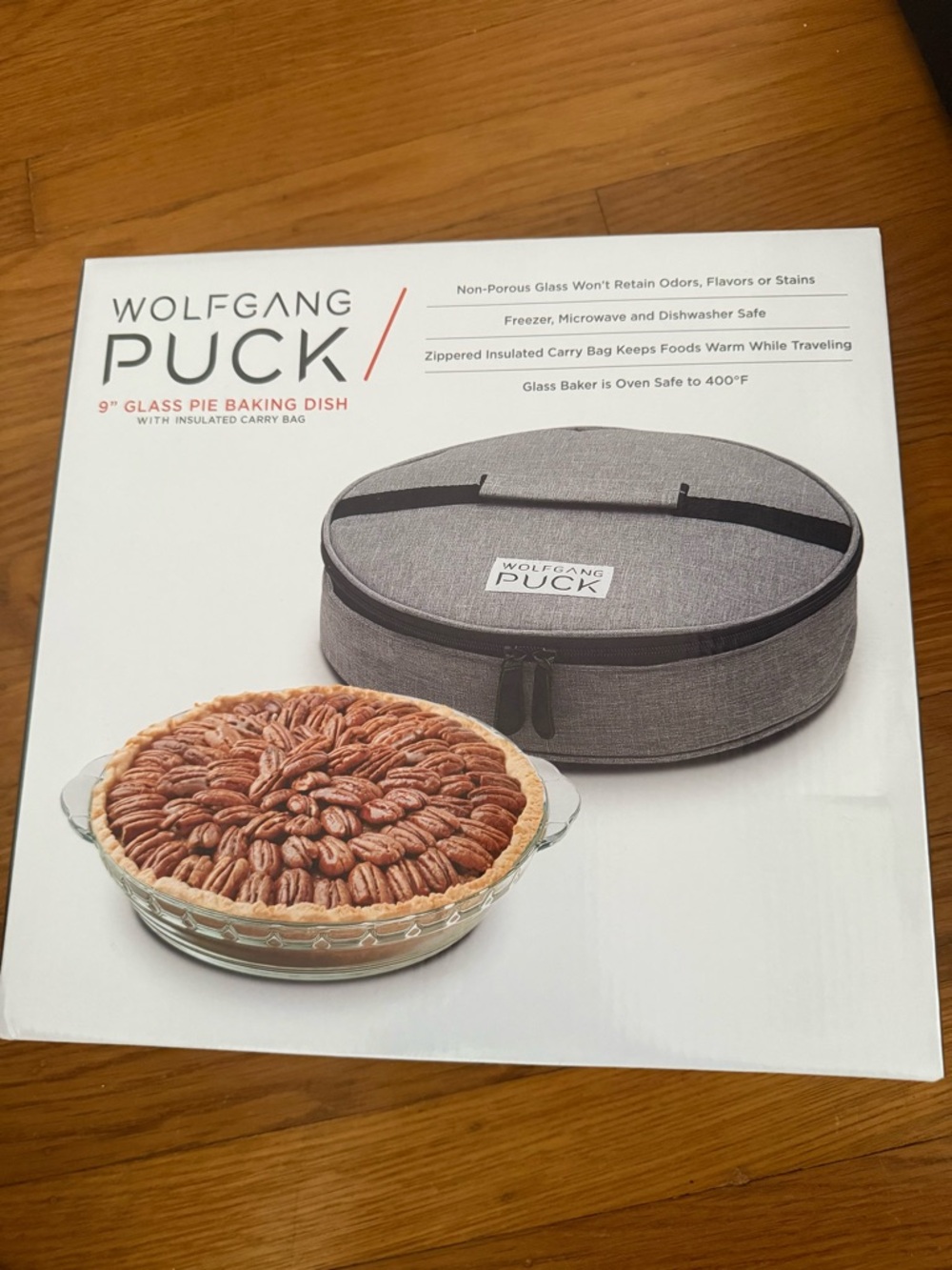 Wolfgang Puck 9" Glass Pie Baking Dish with Insulated Gray Carry Bag NEW